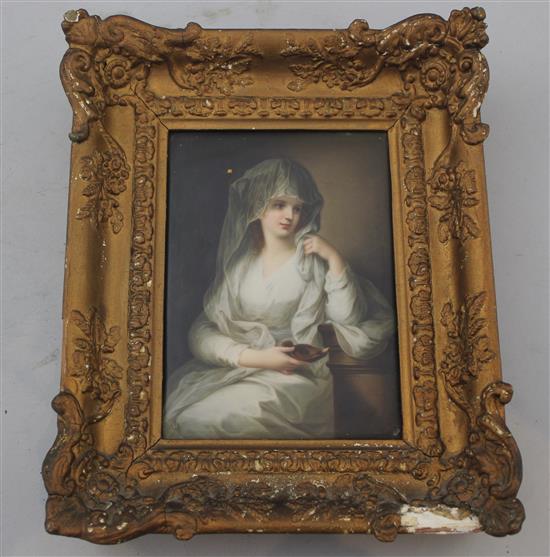 A Berlin style porcelain plaque of Dame Als Vestalin, after Kauffman, late 19th century, 17.5 x 22.5cm, gilt and composite frame